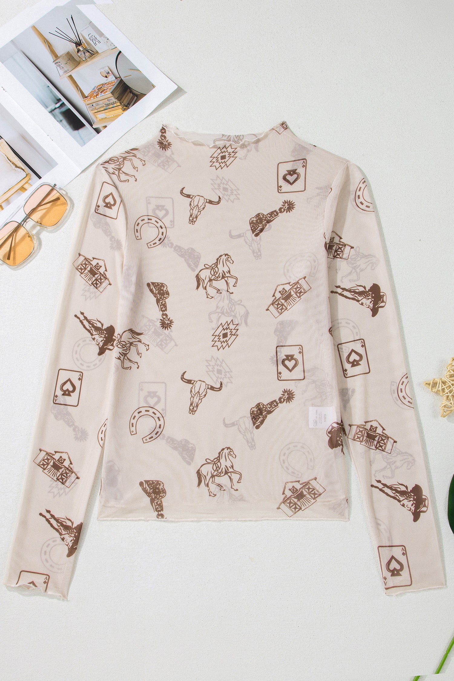 Smoke Gray Floral Print Slim Fit Mesh Long Sleeve Mock Neck Top