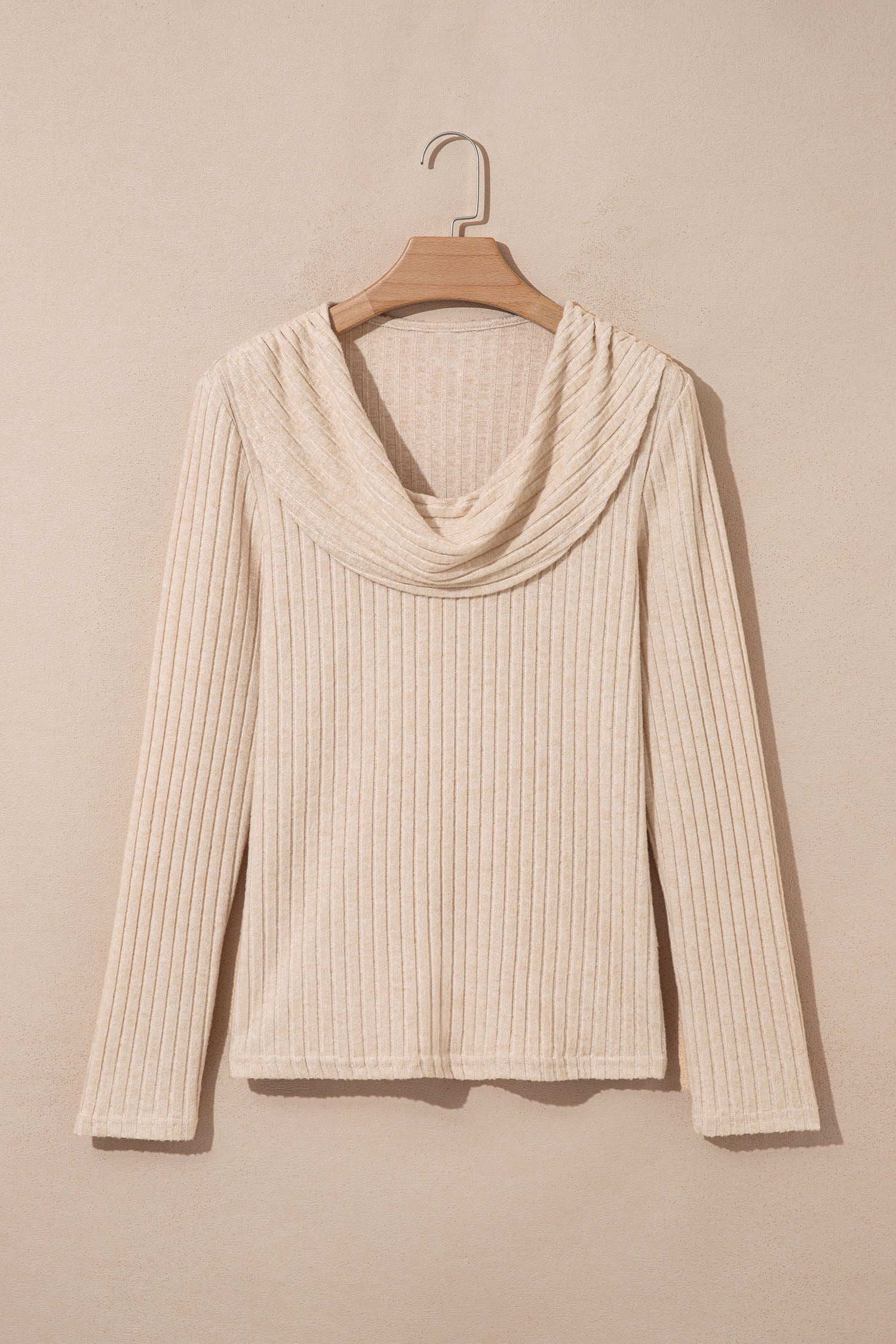Apricot Solid Color Ribbed Knit Cowl Neck Long Sleeve Top