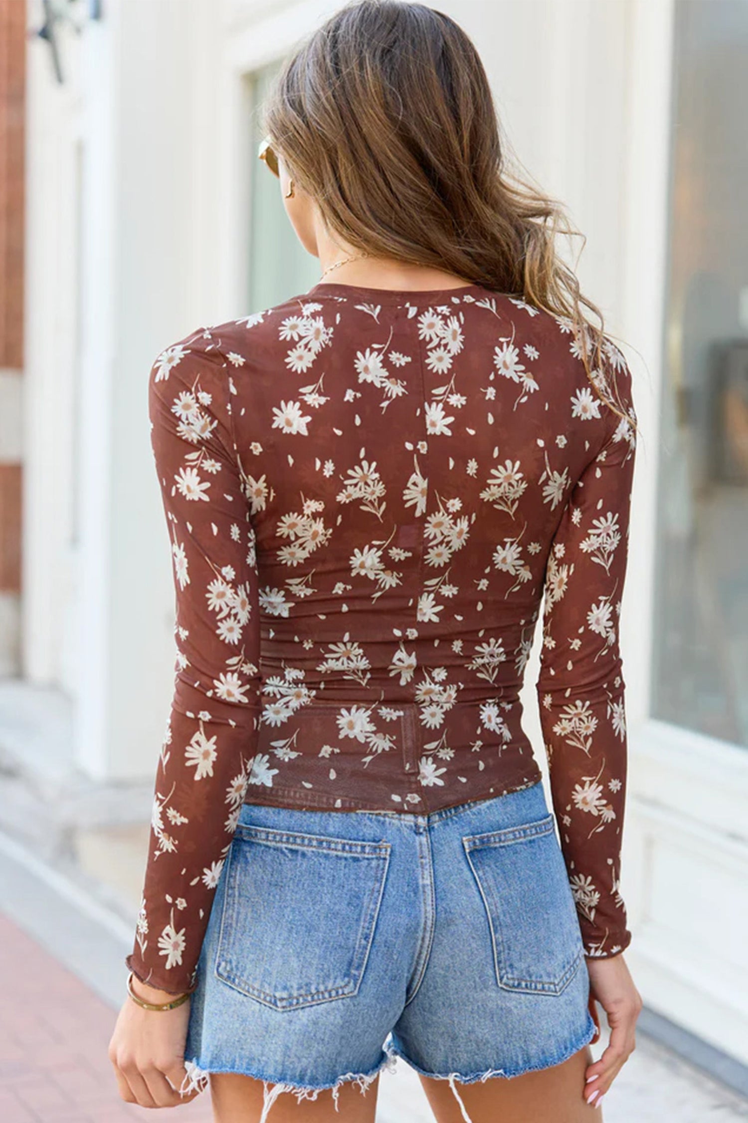 Brown Floral Print Sheer Mesh Long Sleeve Top