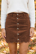 Coffee Button Front Corduroy Mini Pockets Sheath Silhouette Skirt
