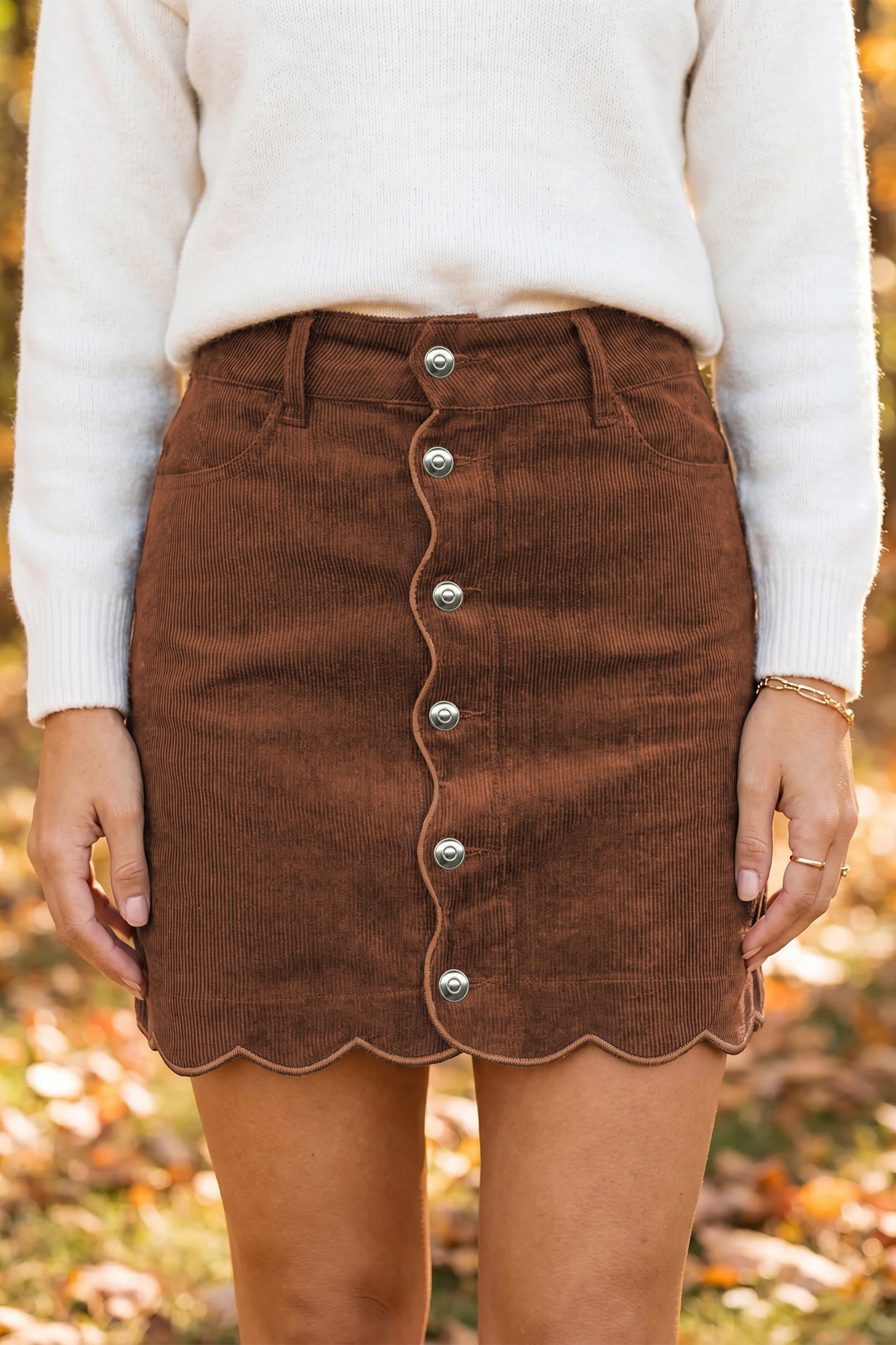 Coffee Button Front Corduroy Mini Pockets Sheath Silhouette Skirt