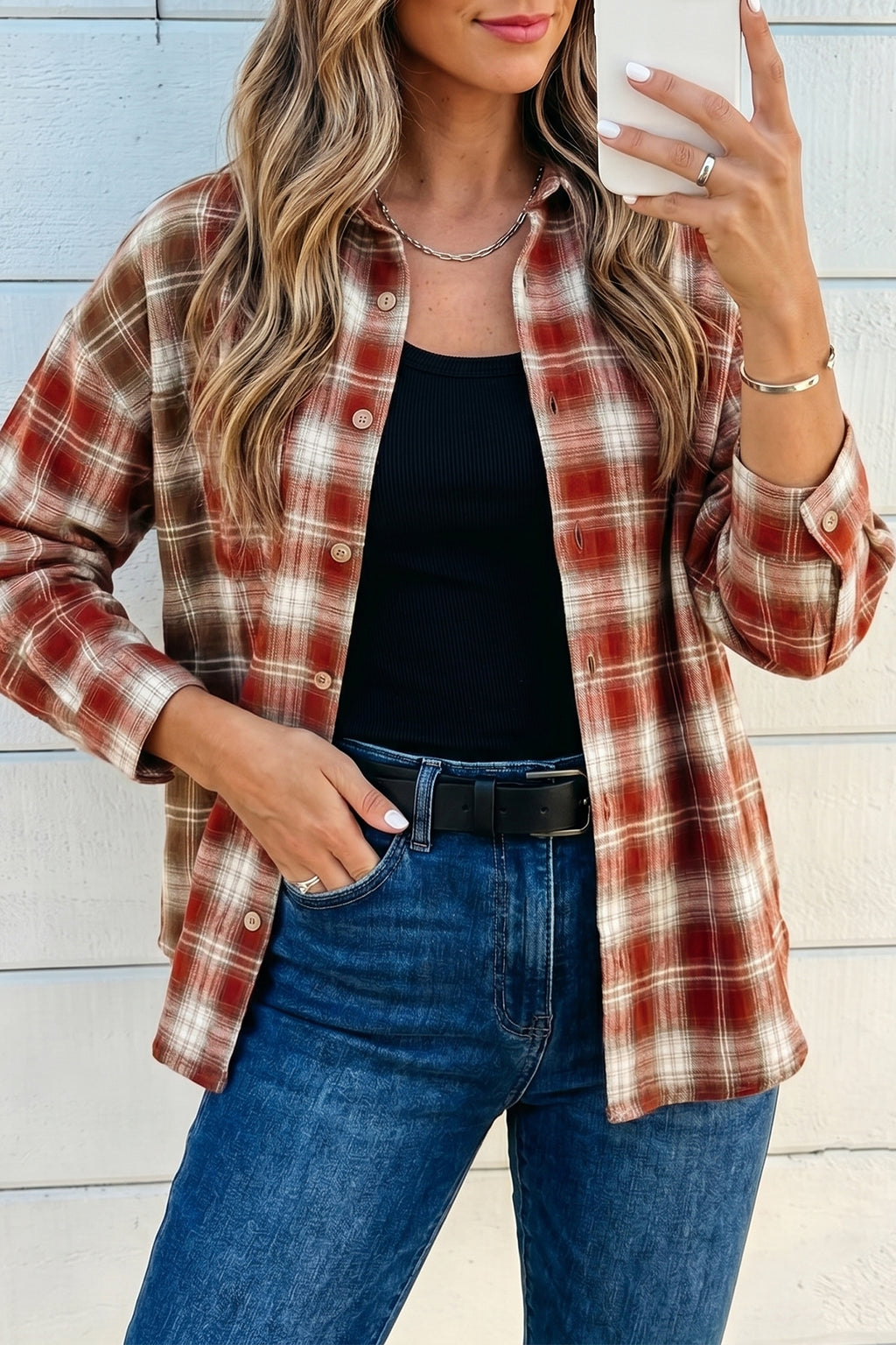 Red Contrast Plaid Long Sleeve Button Down Shirt