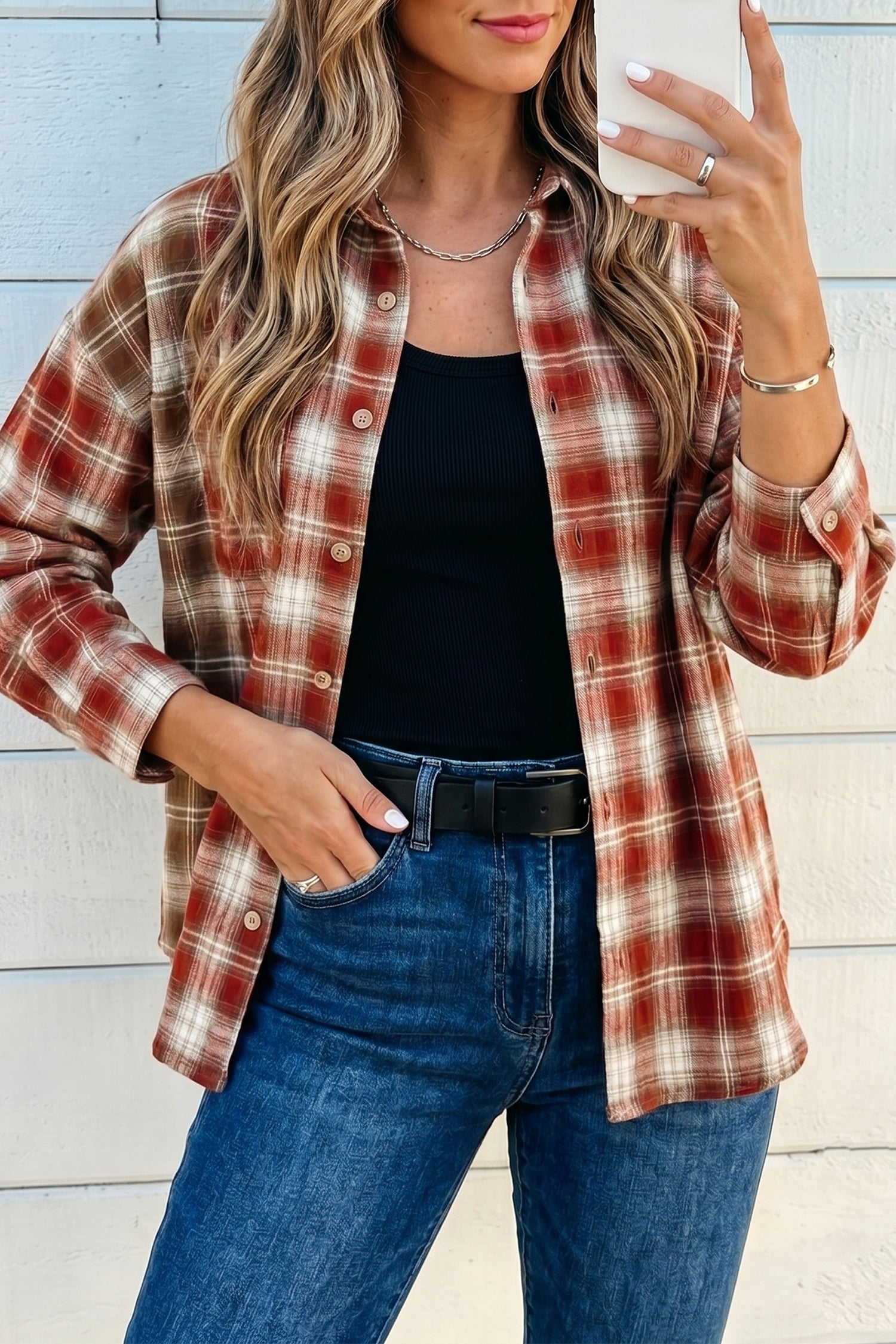 Red Contrast Plaid Long Sleeve Button Down Shirt