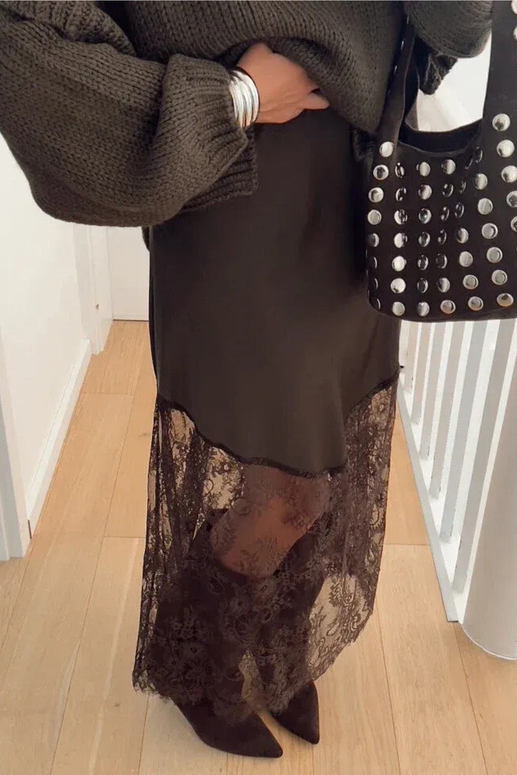 Dark Brown Lace Patchwork Hem Long Casual Shift Skirt