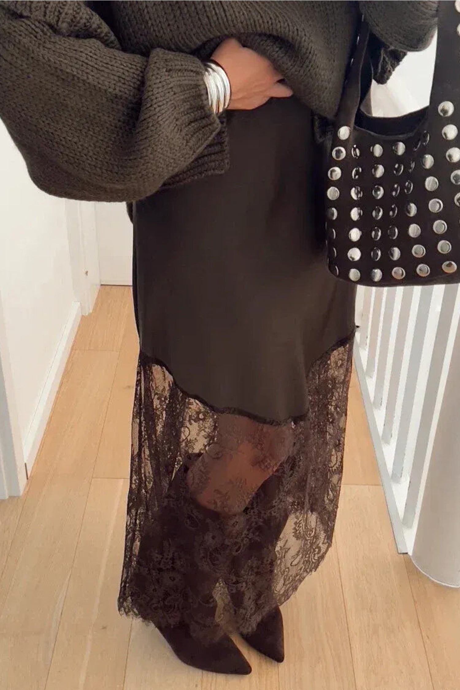 Dark Brown Lace Patchwork Hem Long Casual Shift Skirt