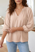 Parchment V Neck Gathered Cuff Three Quarter Sleeve Blouse