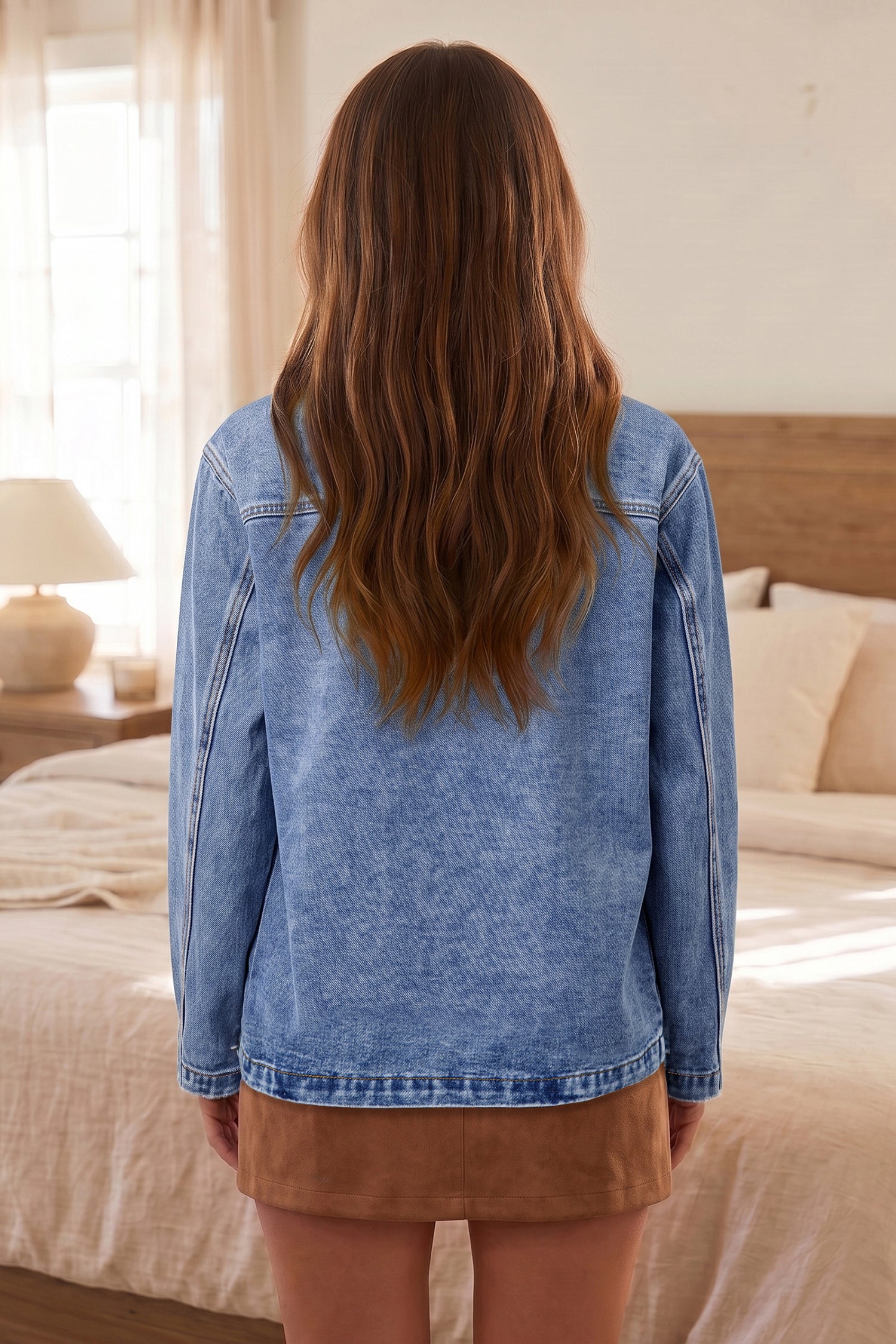 Sky Blue Patchwork Leather Collar Long Sleeve Denim Jacket