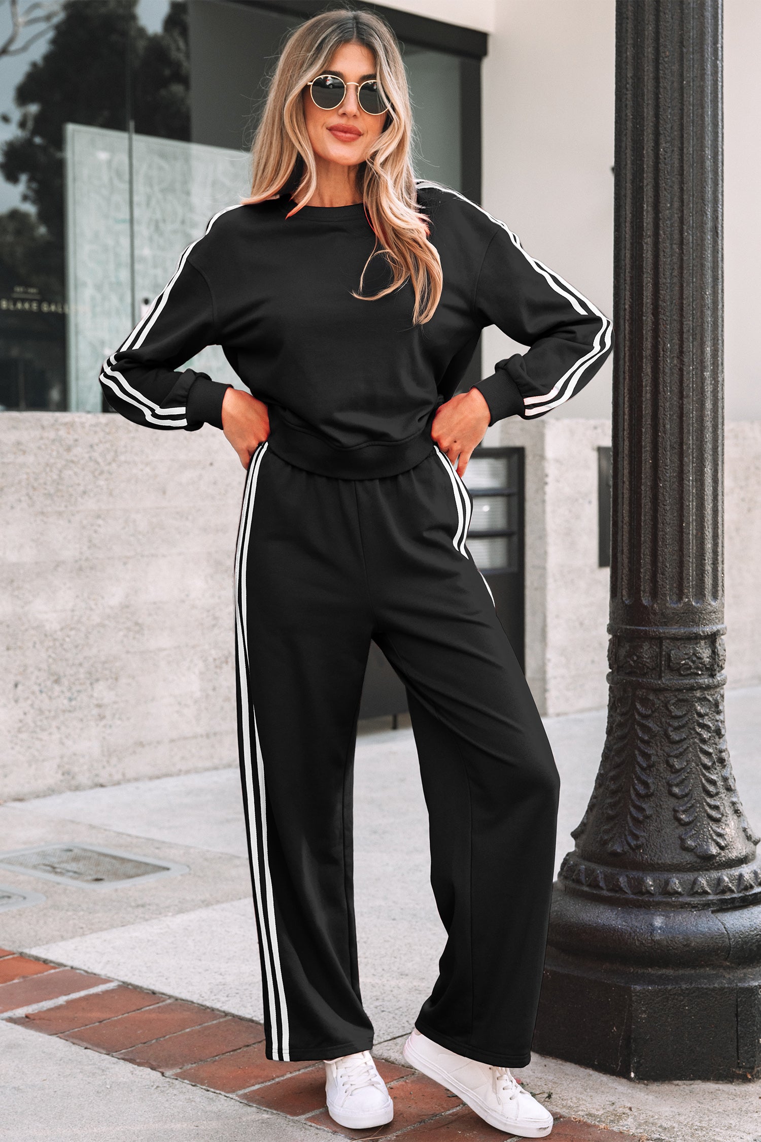 Dirty blue Varsity Striped Detail Crewneck Pullover Elastic Sweatpants 2pcs Outfit