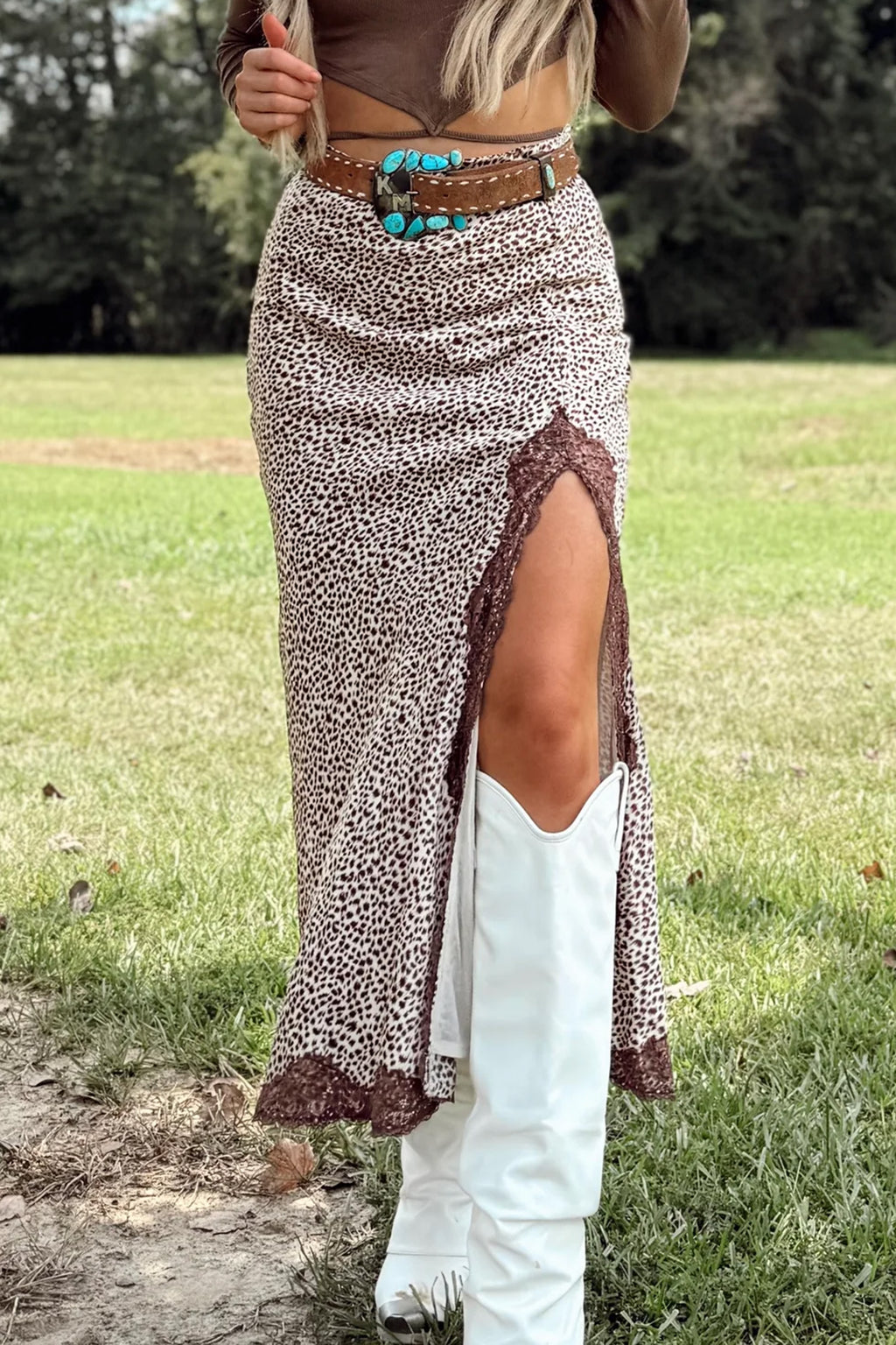 Brown Cheetah Print Trim Split Long Western Skirt