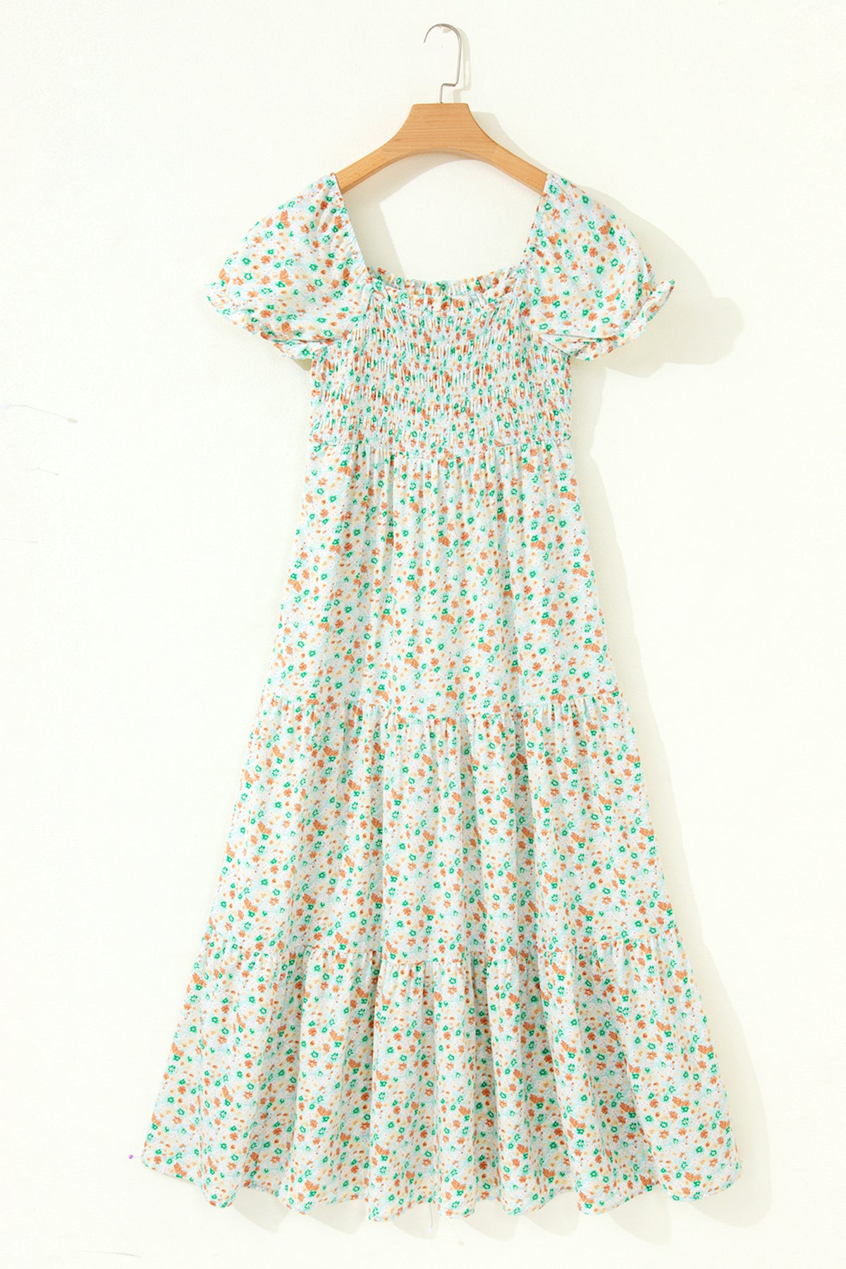 Green Floral Short Bubble Sleeve Shirred High Waist Maxi Dress