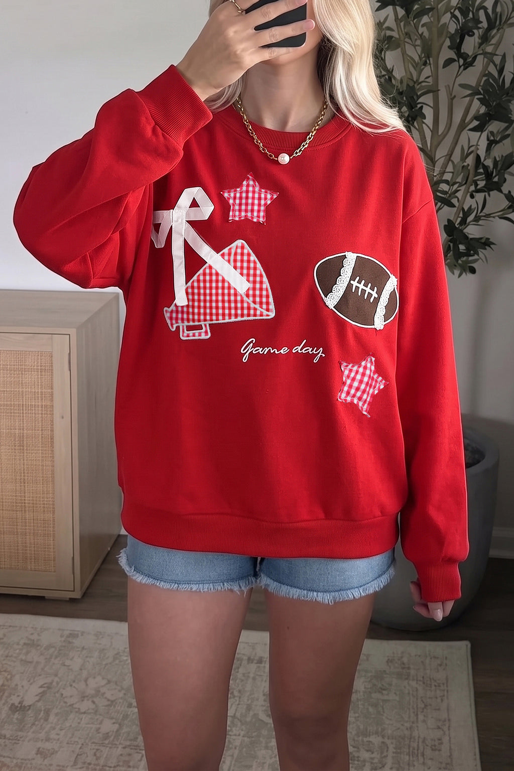Black Gingham Patch Embroidered Rugby Game Day Stars Sweatshirt