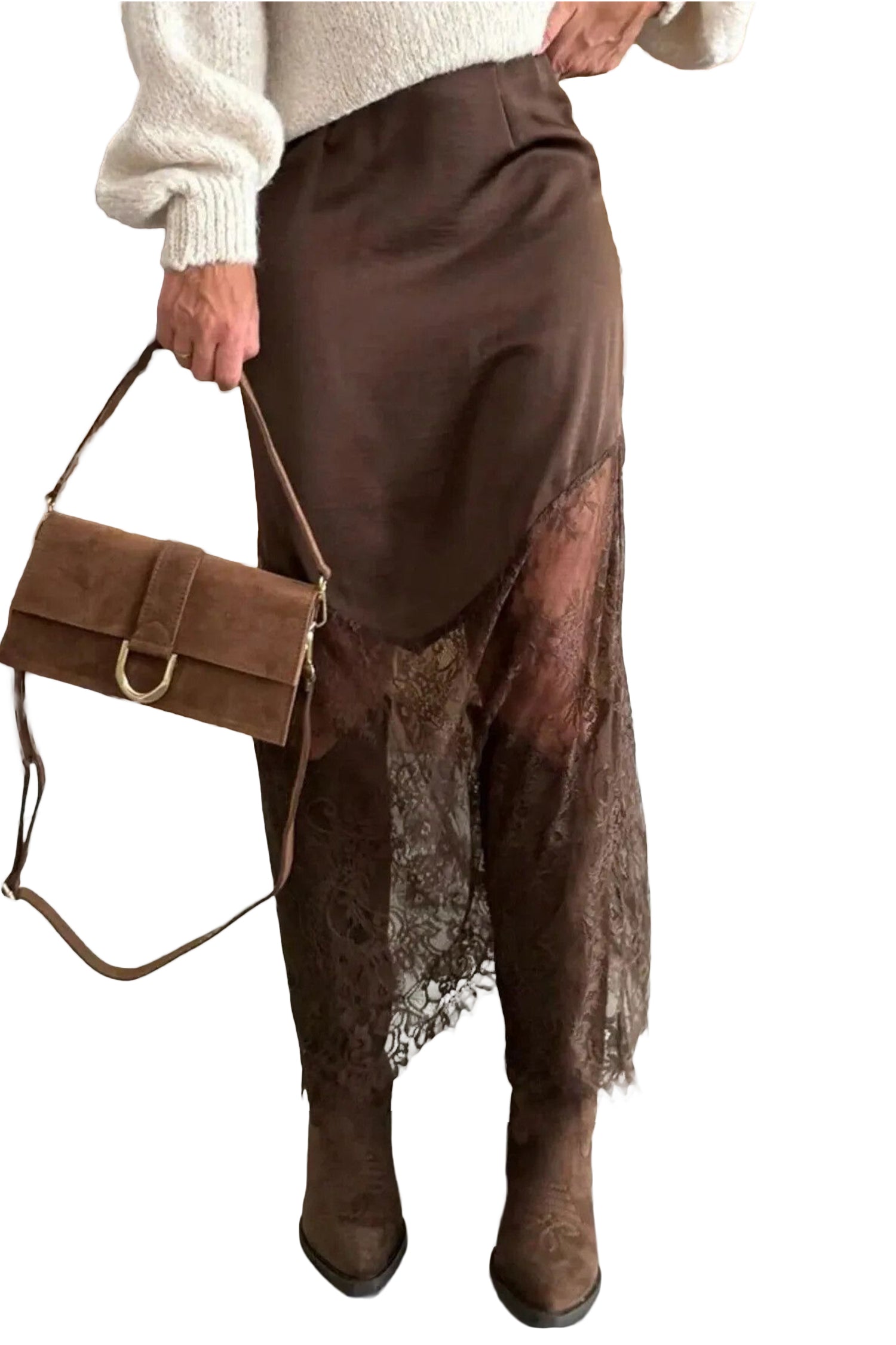Dark Brown Lace Patchwork Hem Long Casual Shift Skirt
