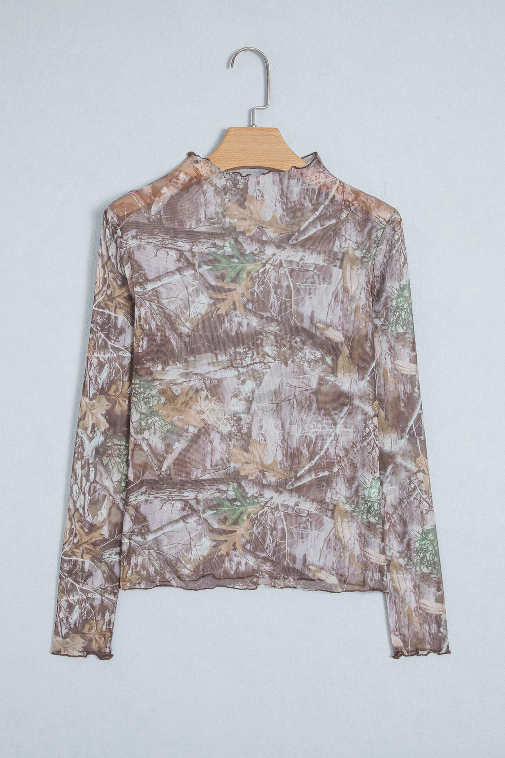 Smoke Gray Floral Print Slim Fit Mesh Long Sleeve Mock Neck Top