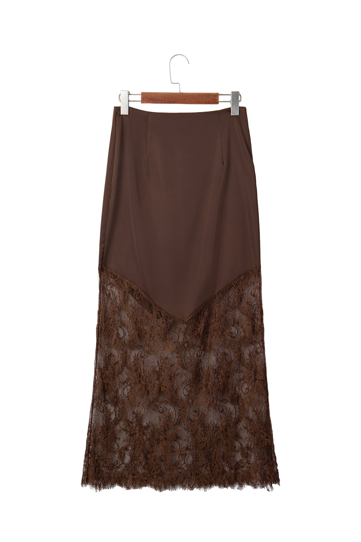 Dark Brown Lace Patchwork Hem Long Casual Shift Skirt