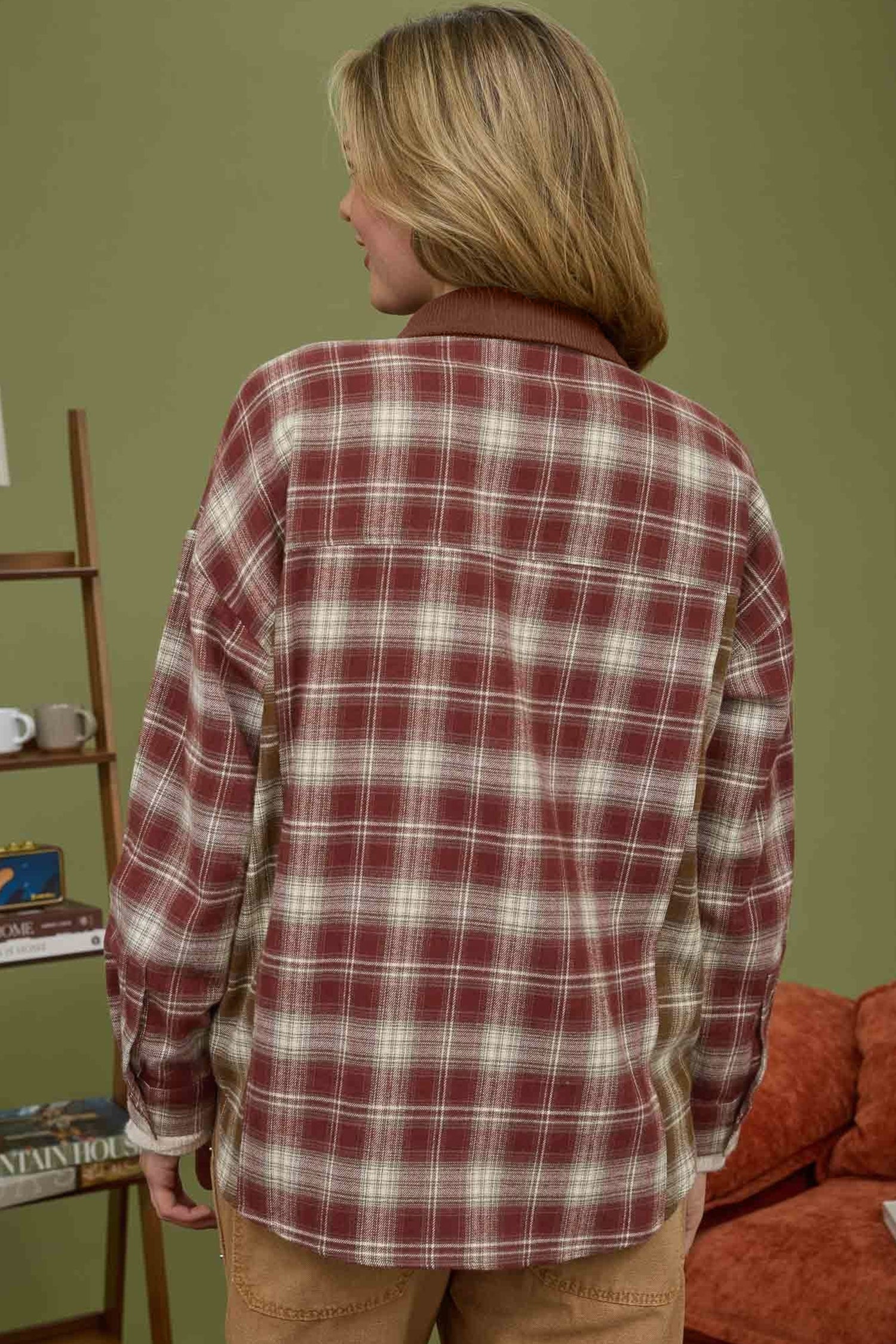 Red Contrast Plaid Long Sleeve Button Down Shirt