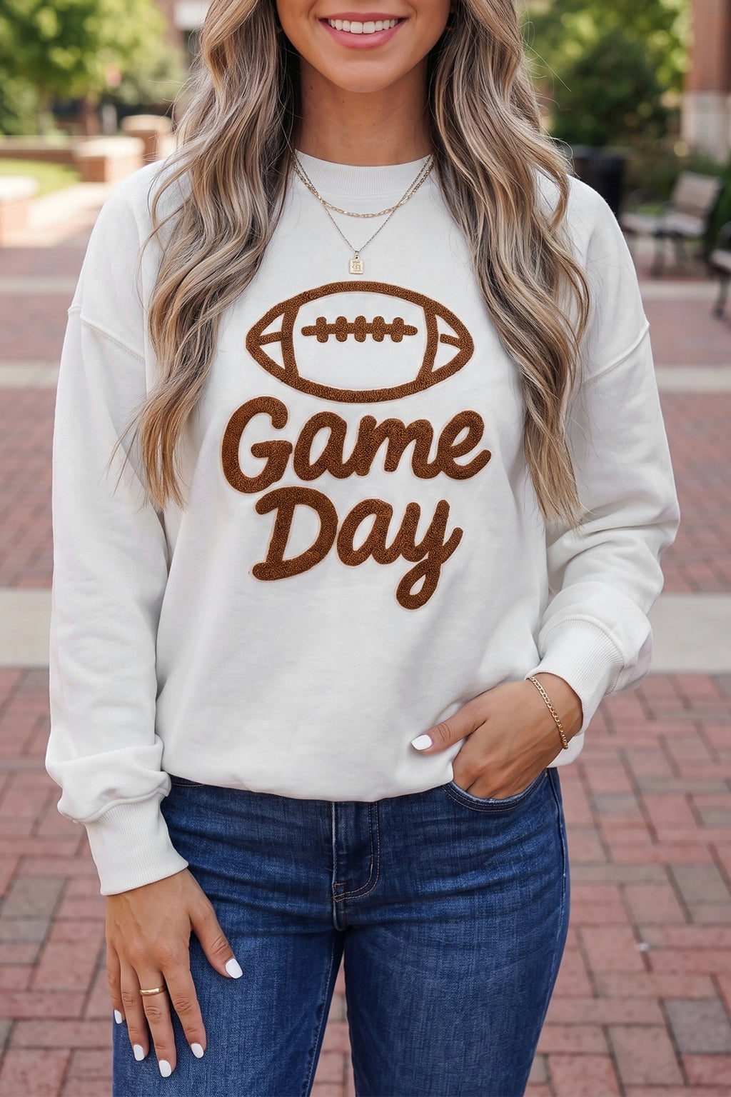 White Embroidered Slogan Game Day Rugby Pattern Crewneck Sweatshirt