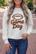 White Embroidered Slogan Game Day Rugby Pattern Crewneck Sweatshirt