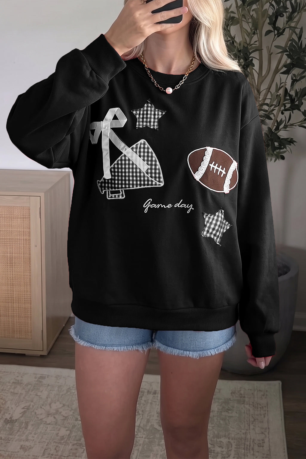 Black Gingham Patch Embroidered Rugby Game Day Stars Sweatshirt