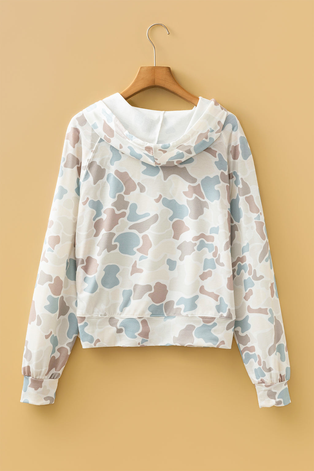 Beige Camouflage Print Relaxed Drawstring Hoodie