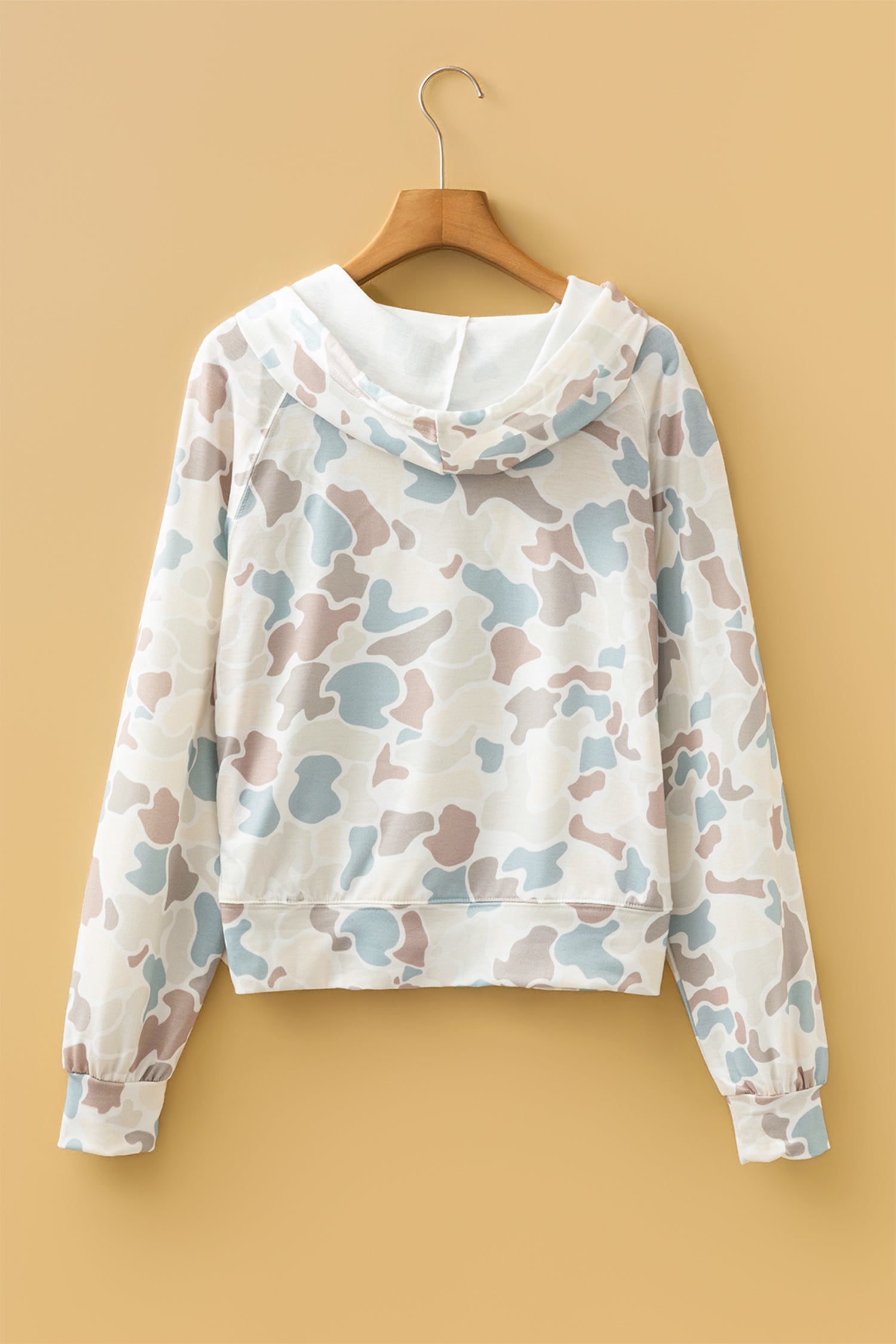 Beige Camouflage Print Relaxed Drawstring Hoodie